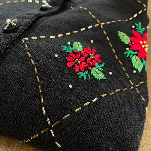IB Diffusion Holiday Cardigan Sweater Women’s 3X Black Poinsettia Beaded - Picture 4 of 11